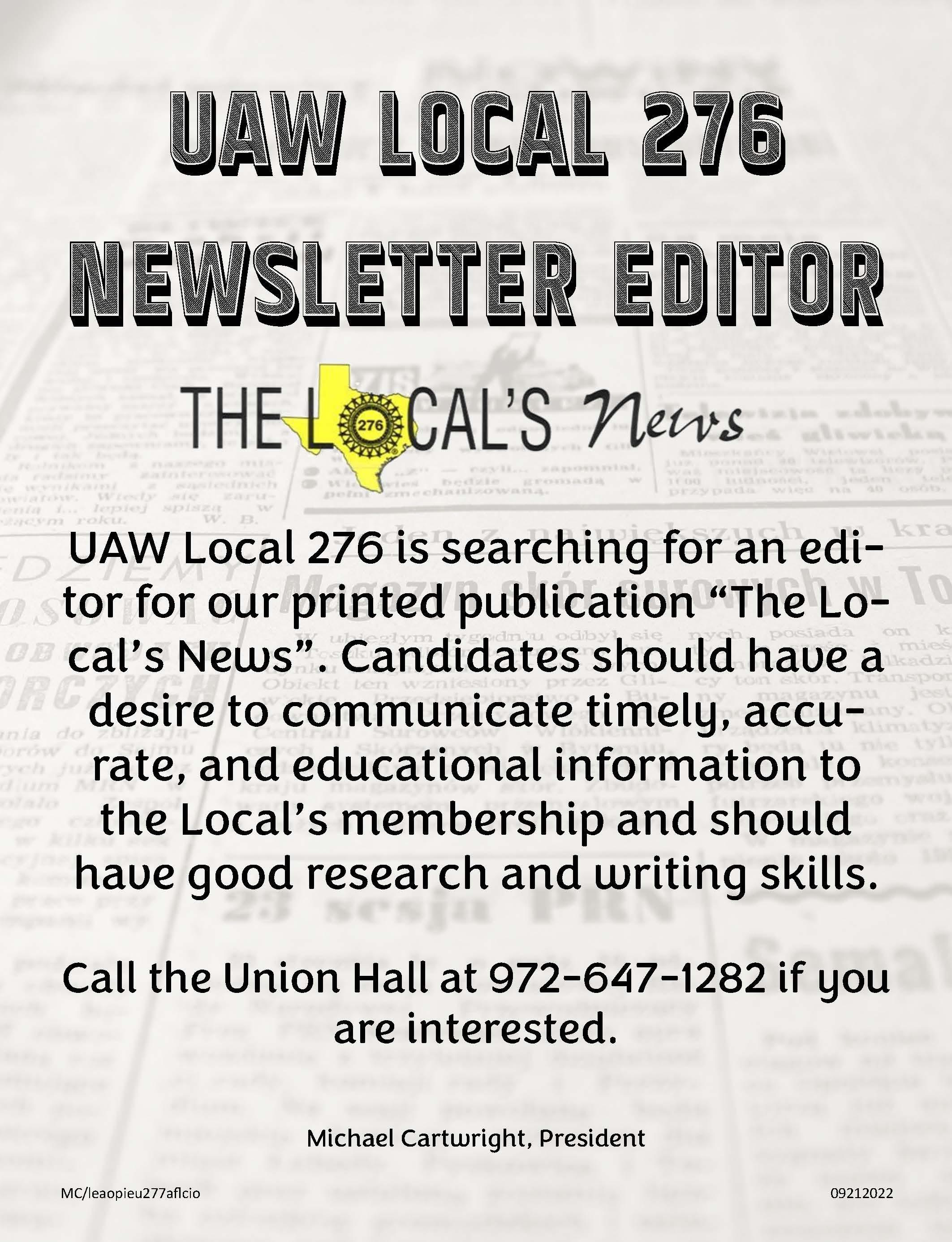 UAW Local 276 Newsletter Editor | UAW Local 276
