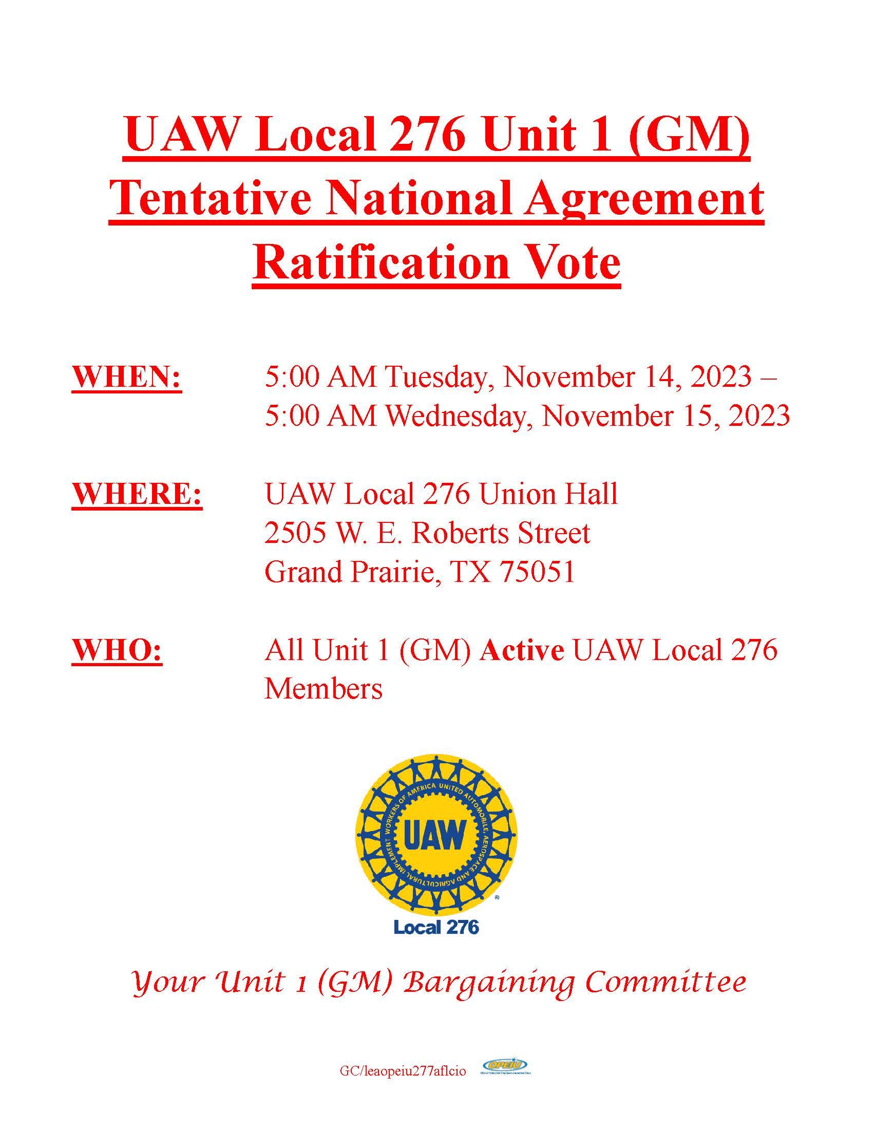 Unit 1 (GM) Tentative National Agreement Ratification Vote UAW Local 276