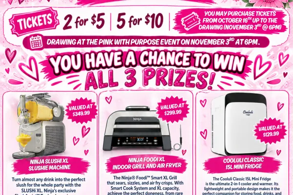 The UAW Local 276 Women's Committee is having a raffle in conjunction with their Pink with Purpose: A Day of Hope event on November 3rd (more info here) with proceeds going to Making Strides Against Breast Cancer.  Raffle tickets can be purchased 2 for $5 or 5 for $10. Tickets are available from October 16th until the drawing (November 3rd @ 6 PM).  You have a chance to win all 3 prizes!  Ninja SLUSHi XL  Ninja Foodi XL  Cooluli Mini Fridge    For more information or to purchase tickets, contact:  Maileen W