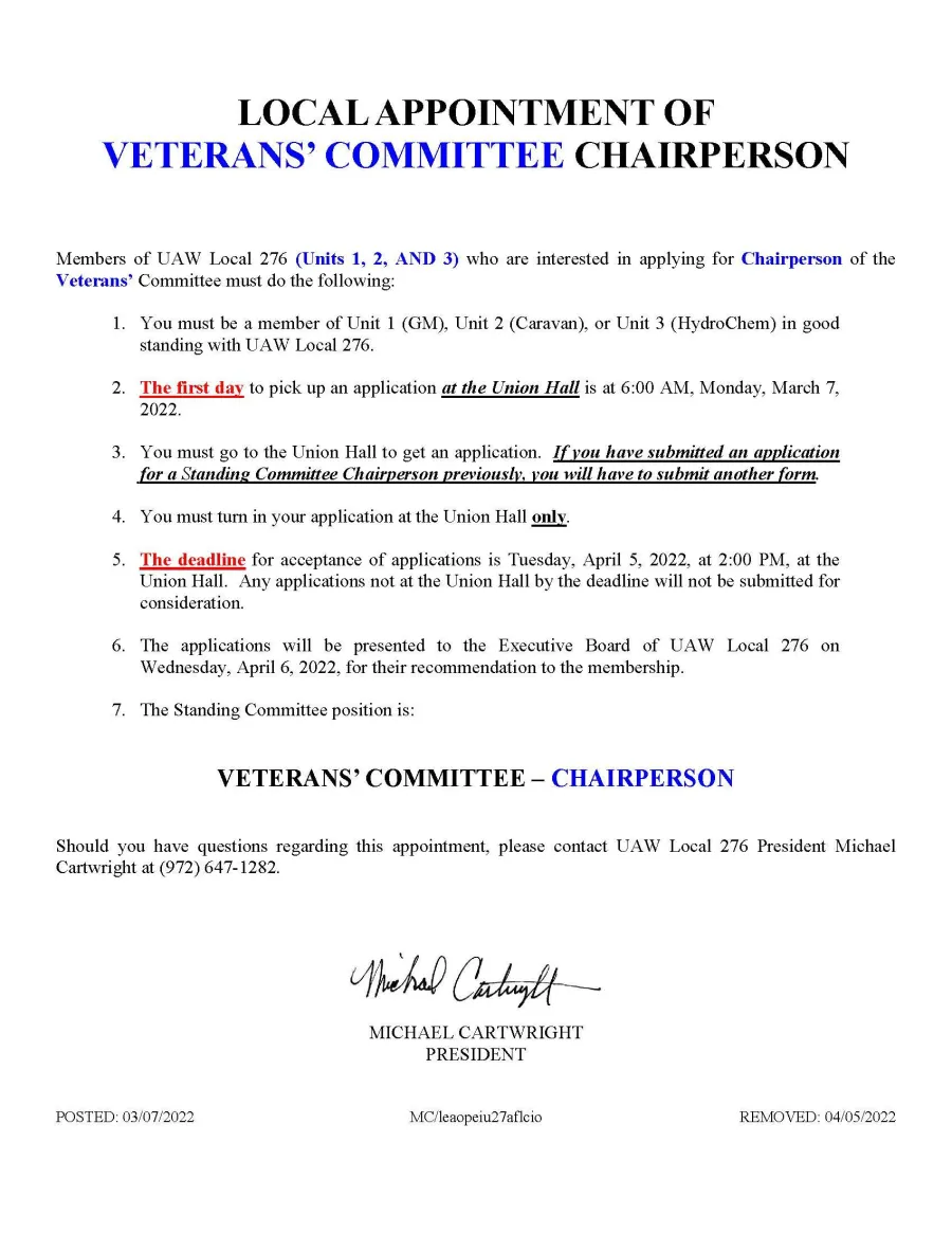 2022 Appointment Flyer - Veterans' Committee Chairperson