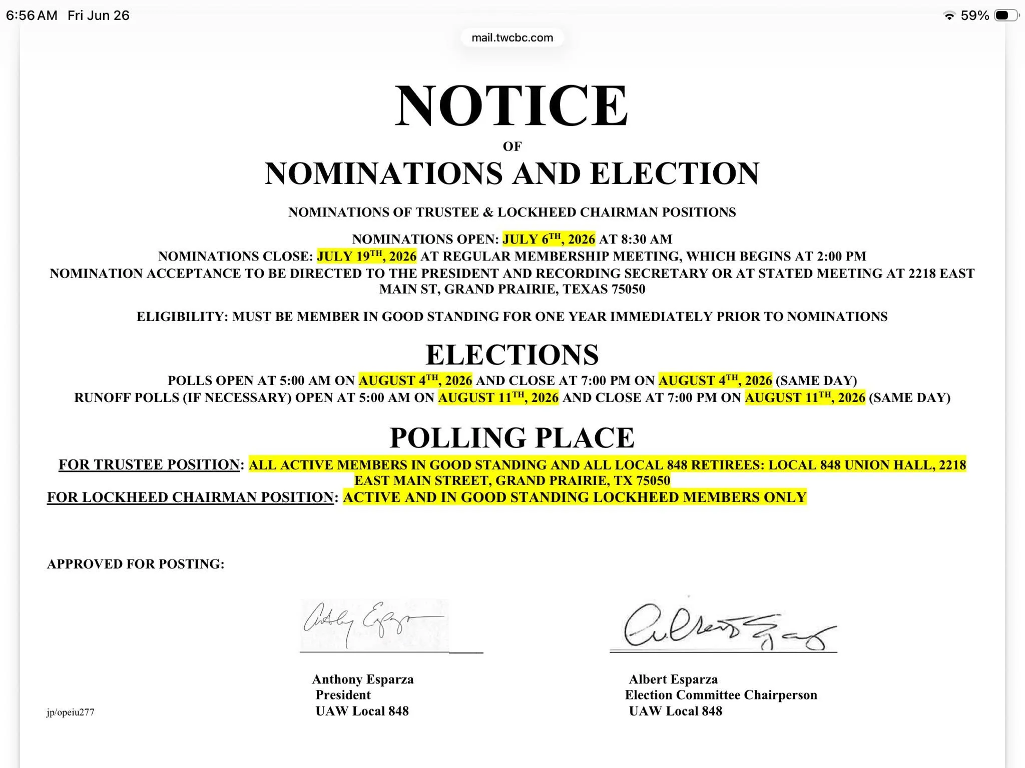 Official election notice copied from Facebook Page