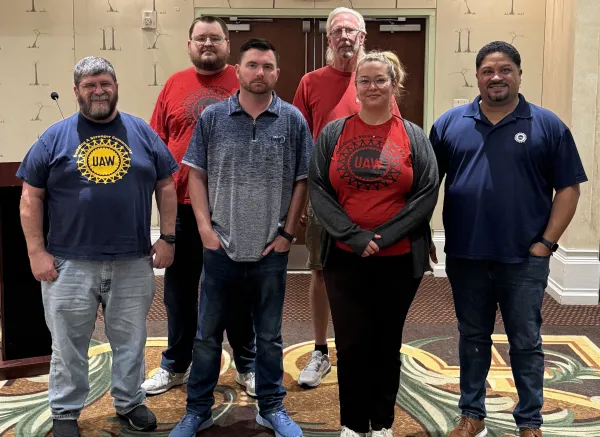 We are proud to introduce a portion of the bargaining team that will be leading the charge at the table. From left to right in the photo: Charlie Coneeny (President), Matthew Wypyszinski (Off Shift Committee Rep), Craig Stout (Regional Rep), Lee Womble (Test and Receiving Inspection Committee Rep), Jessica Miller (Manufacturing Committee Rep), Jorge Rodriguez (International Rep).