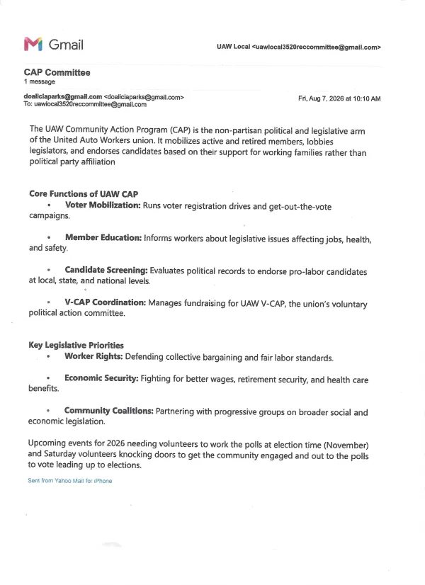 UAW Local 3520 CAP Committee Flyer