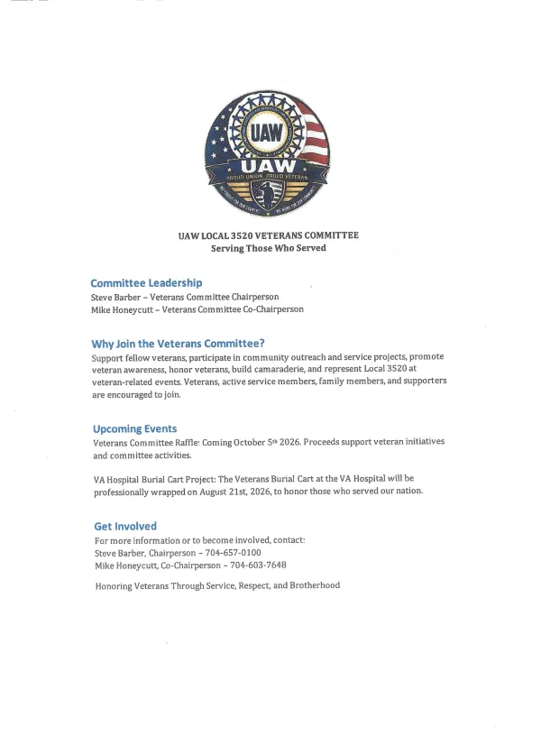 UAW Local 3520 Veterans Committee Flyer