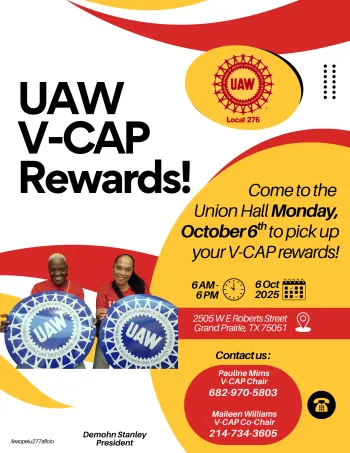 V-CAP Rewards available October 10th at the union hall from 6 AM to 6 PM